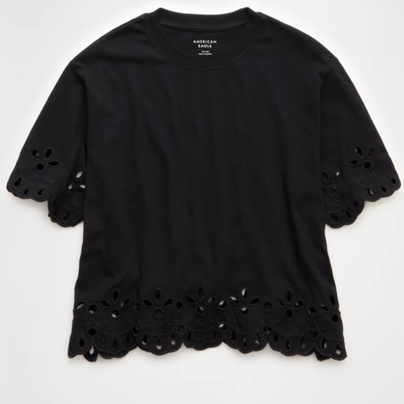 American Eagle Outfitters Black Eyelet Short Sleeve Top - Picture 3 of 13